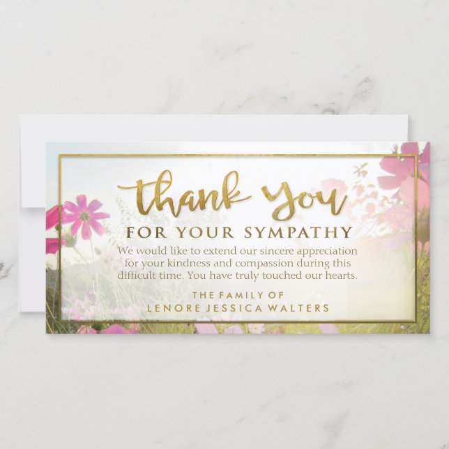 Pink Wild Blume Golden Danke Sympathie Card (Vorderseite)