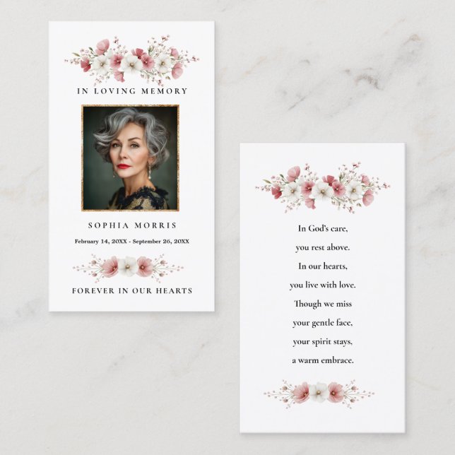 Pink Wild Flowers Funeral Prayer Card Visitenkarte (Vorne/Hinten)