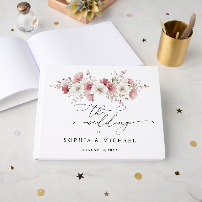 Pink Wild Flowers Wedding Guest Book Gästebuch (Vorderseite Offen)