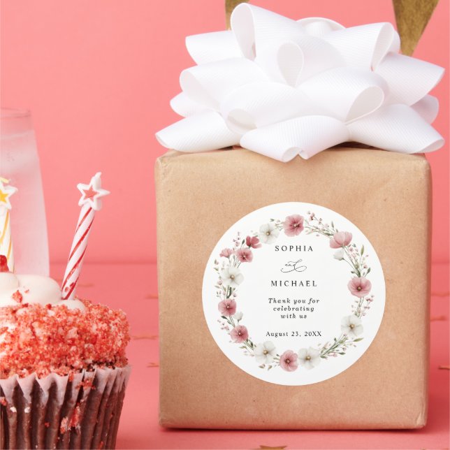 Pink Wild Flowers Wedding Sticker (Party)