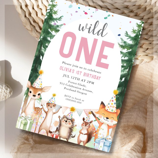 Pink Wild One Forest Animal Birthday Party Einladung (Von Creator hochgeladen)