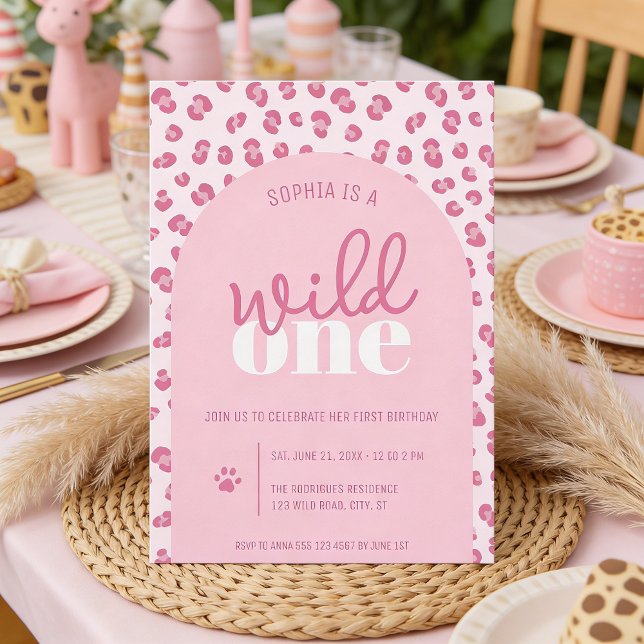 Pink Wild One Girl First Birthday Invitation (Front of the invitation shown in 5x7-inch. Choose size, paper, and corner style.)