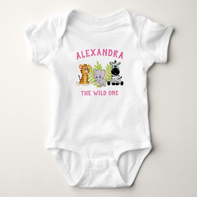 Pink Wild One Safari Girl Birthday Baby Strampler (Vorderseite)