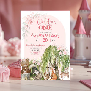 Pink Wild One Woodland Animals Girl zum ersten Geb Einladung