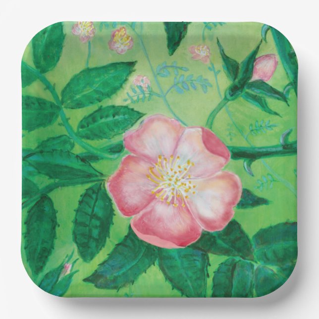 Pink Wild Rose Blooms Illustration Pappteller (Vorderseite)