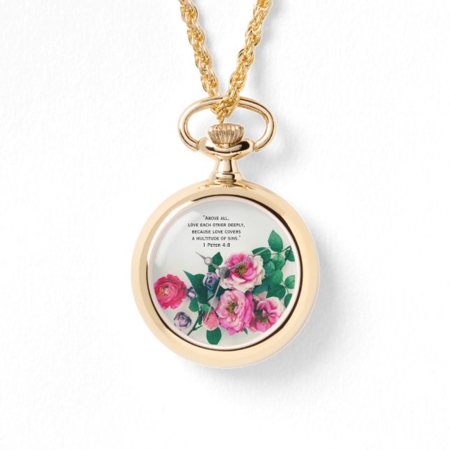 Pink Wild Rose Blume Bouquet Liebe Bibel Verse Armbanduhr (Vorderseite)