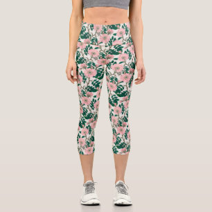 Pink Wild Rose Blume & Green Blätter Muster Capri Leggings