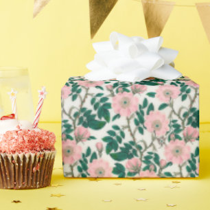 Pink Wild Rose Blume & Green Blätter Muster Geschenkpapier