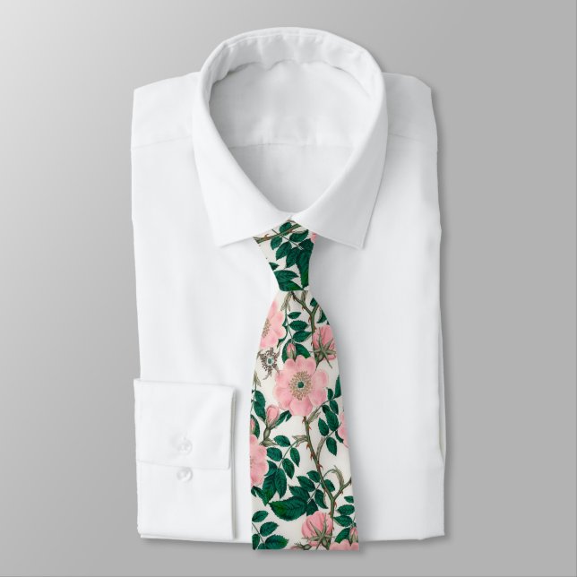 Pink Wild Rose Blume & Green Blätter Muster Krawatte (Gebunden)