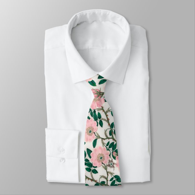 Pink Wild Rose Blume & Green Blätter Muster Krawatte (Gebunden)