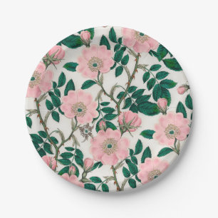 Pink Wild Rose Blume & Green Blätter Muster Pappteller