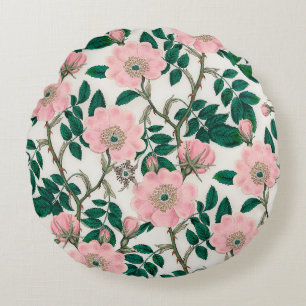 Pink Wild Rose Blume & Green Blätter Muster Rundes Kissen