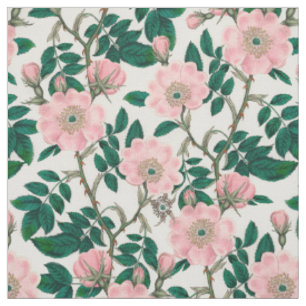 Pink Wild Rose Blume & Green Blätter Muster Stoff