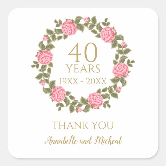 PINK WILD ROSE Blumengarland 40. Hochzeit danke Quadratischer Aufkleber (Vorderseite)