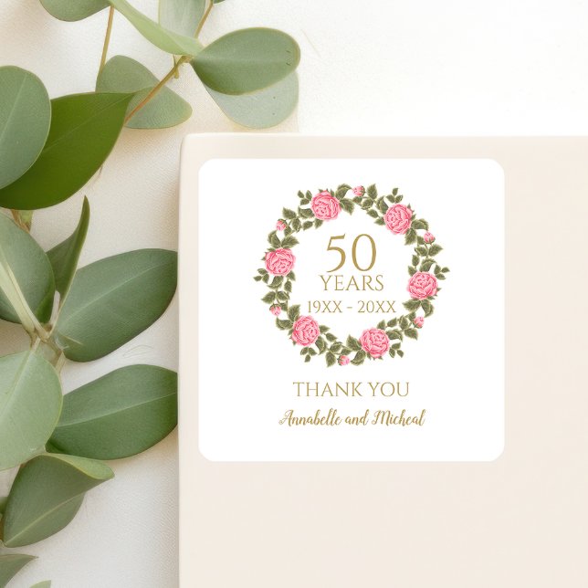 PINK WILD ROSE Blumengarland 50. Hochzeit danke Quadratischer Aufkleber (Von Creator hochgeladen)