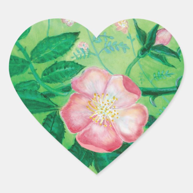 Pink Wild Rose Illustration Herz-Aufkleber (Vorderseite)