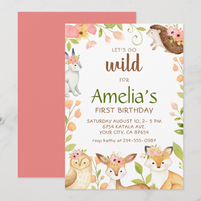 Pink Wild Woodland Tiere 1. Geburtstag Einladung (Vorne/Hinten)