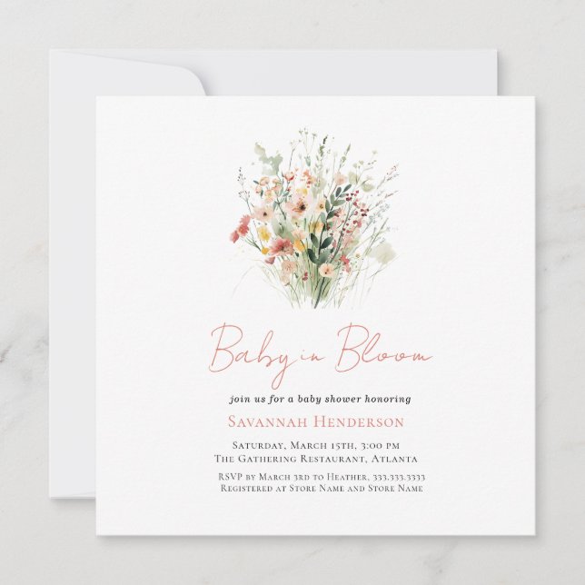 Pink Wildblume Baby in Bloom Baby Dusche Einladung (Vorderseite)