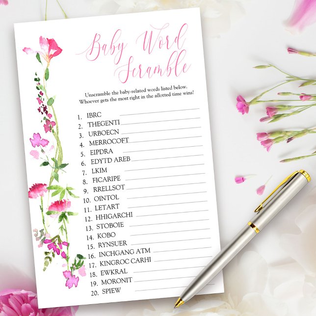 Pink Wildblume Baby Word Scramble Duschgel Spiel (Baby Shower Game Cards from my Pink Wildflower Collection. Message me to create co-ordinating items.)