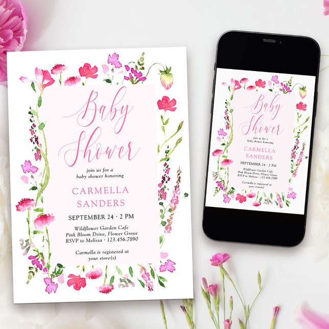 Pink Wildblume Girl Baby Dusche Dainty Floral Inv Einladung (Girl Baby Shower Invitation from my Pink Wildflower Collection)