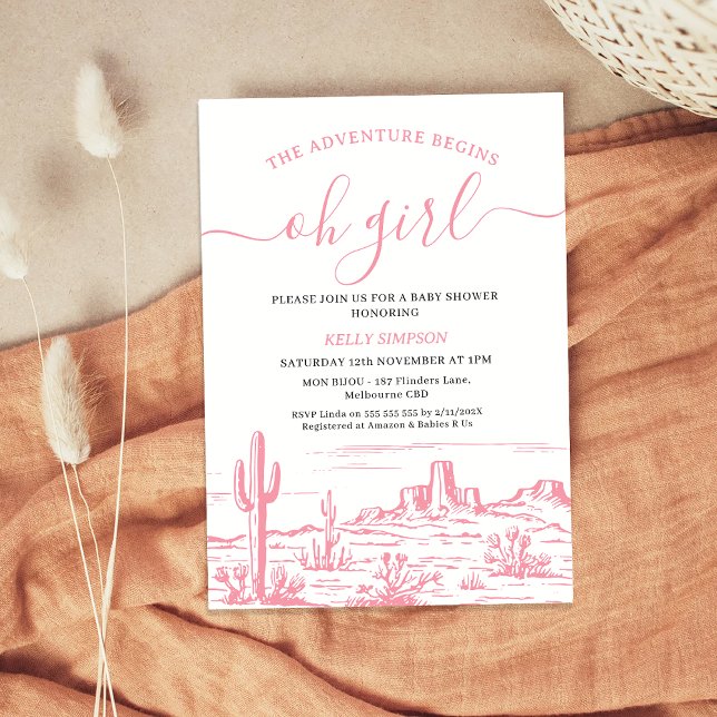 Pink Wilderness Adventure fängt Babydusche an Einladung (Pink The Adventure Begins Baby Shower Invitation Girl, Wilderness, Western Desert, Oh Girl Wild West)