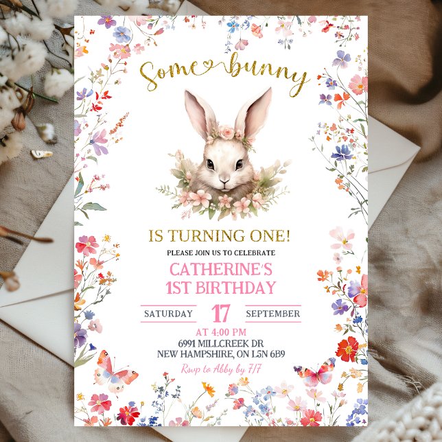Pink Wildflower Bunny Birthday Invitation (Créateur téléchargé)