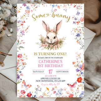 Pink Wildflower Bunny Birthday Invitation Einladung
