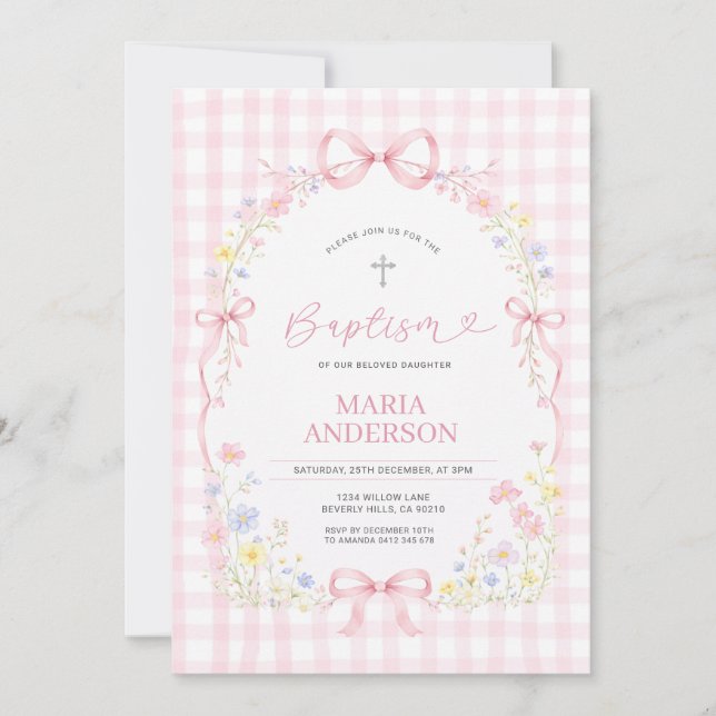 Pink WILDFLOWER Gingham Floral Baptism Invitation Einladung (Vorderseite)