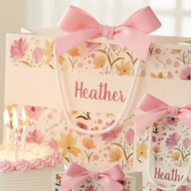 Pink Wildflower Watercolor Monogram Name Große Geschenktüte (Von Creator hochgeladen)
