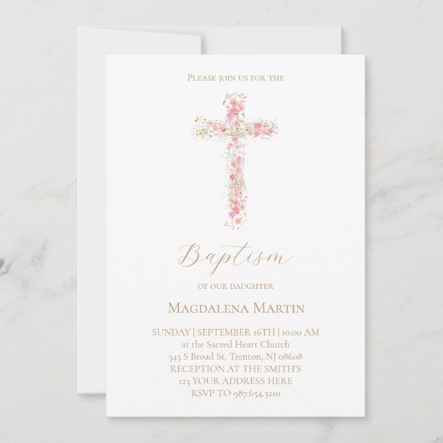 pink wildflowers cross | Baptism Invitation (Devant)