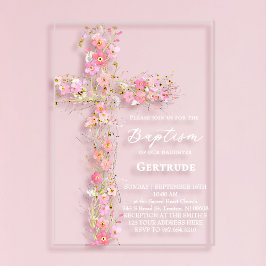 pink wildflowers cross Baptism Invitation Acryleinladungen