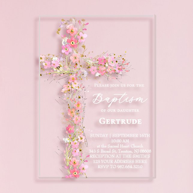 pink wildflowers cross Baptism Invitation Acryleinladungen (Von Creator hochgeladen)