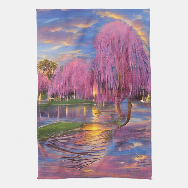 Pink Willow Bäume bei Sonnenuntergang am Teich Jig Geschirrtuch (Vertikal)