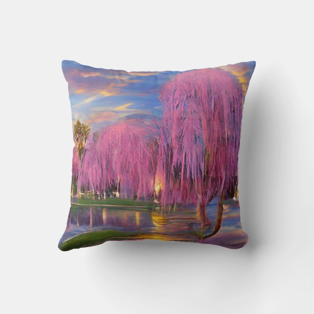 Pink Willow tree bei Sonnenuntergang am Teich Kissen (Rückseite)
