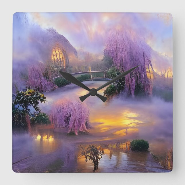 Pink Willow tree bei Sonnenuntergang am Teich Quadratische Wanduhr (Vorderseite)