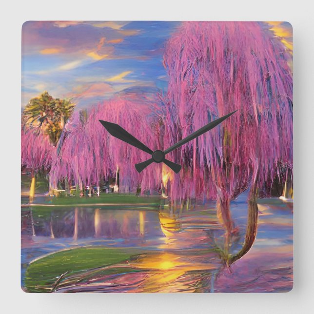 Pink Willow tree bei Sonnenuntergang am Teich Quadratische Wanduhr (Vorderseite)