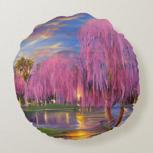 Pink Willow tree bei Sonnenuntergang am Teich Rundes Kissen