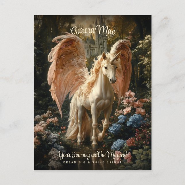 Pink Winged Unicorn Magisches Schloss Pegasus Postkarte (Vorderseite)