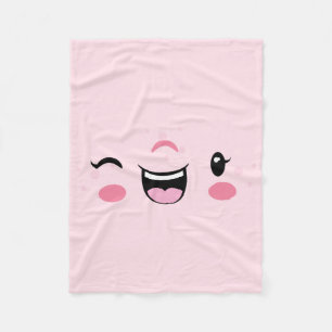 Pink Winking Kawaii Face Fleece Blanket