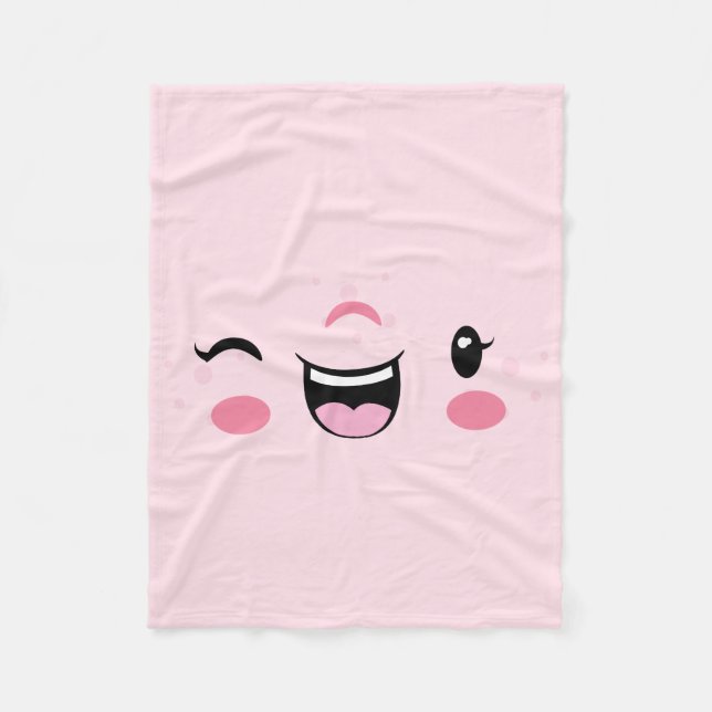 Pink Winking Kawaii Face Fleece Blanket (Vorderseite)
