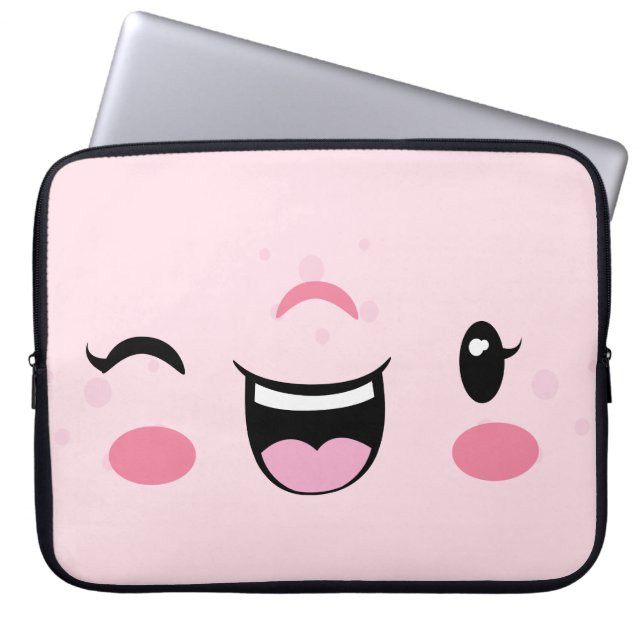 Pink Winking Kawaii Face Laptop Sleeve (Vorderseite)