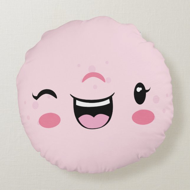 Pink Winking Kawaii Face Round Pillow Rundes Kissen (Rückseite)