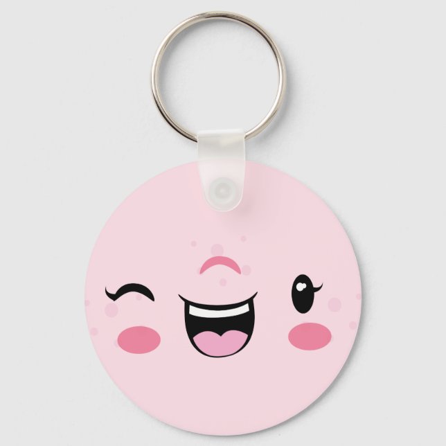 Pink Winking Kawaii Face Schlüsselanhänger (Vorderseite)