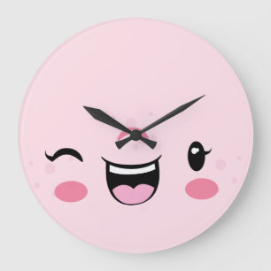 Pink Winking Kawaii Face Wall Clock Große Wanduhr