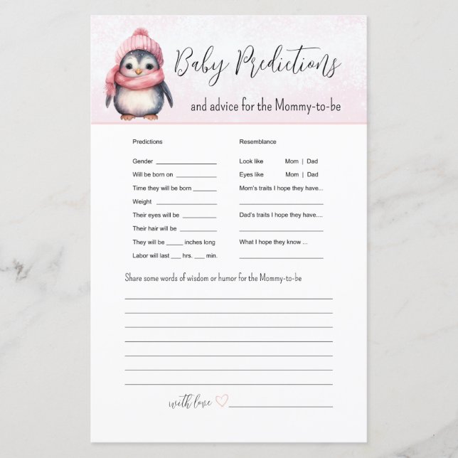 Pink Winter Baby Predictions Baby Shower Game (Vorderseite)