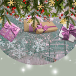 Pink Winter Christmas Country Scene  Fleece Weihnachtsbaumdecke