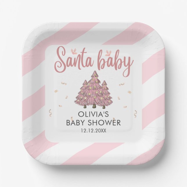 Pink Winter Christmas Tree Santa Baby Dusche Pappteller (Vorderseite)