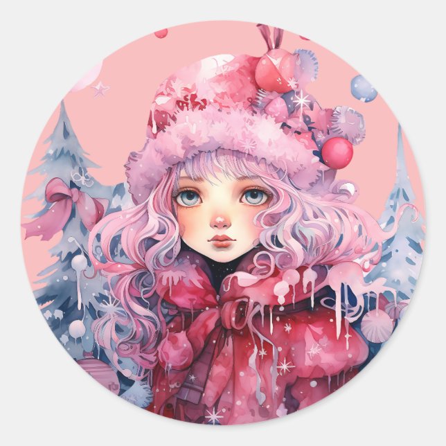 Pink Winter Coat Niedlich Big Eye Girl Weihnachten Runder Aufkleber (Vorderseite)