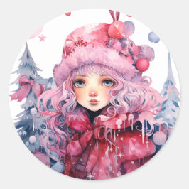 Pink Winter Coat Niedlich Big Eyes Girl Weihnachts Runder Aufkleber