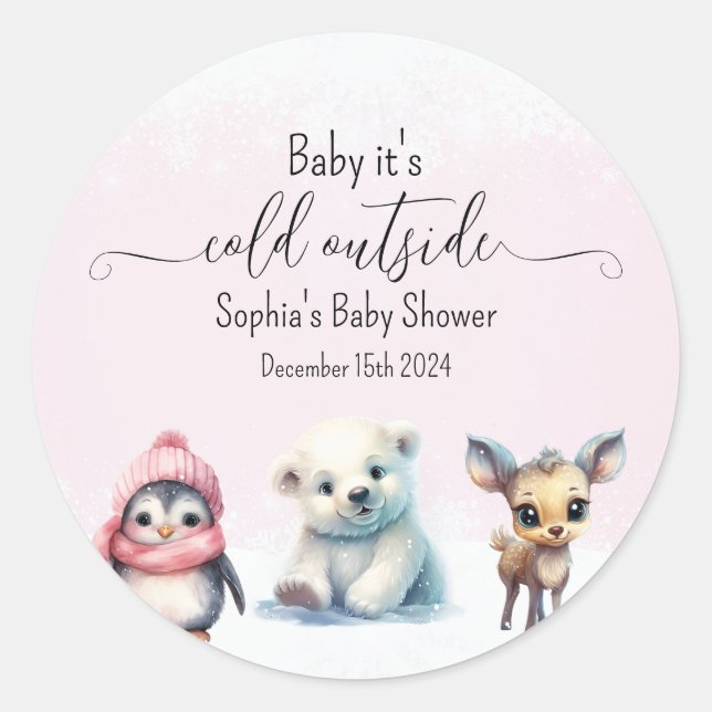 Pink Winter Cold Outdoor Girl Baby Dusche Runder Aufkleber (Vorderseite)